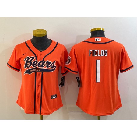 Youth Chicago Bears #1 Justin Fields Orange With Patch Cool Base Stitched Baseball Jersey