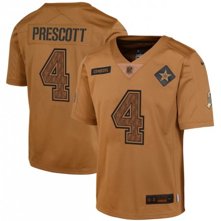 Youth Dallas Cowboys #4 Dak Prescott 2023 Brown Salute To Service Limited Stitched Football Jersey