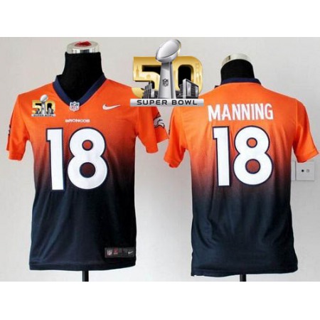 Nike Broncos #18 Peyton Manning Orange/Blue Super Bowl 50 Youth Stitched NFL Elite Fadeaway Fashion Jersey