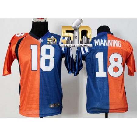 Nike Broncos #18 Peyton Manning Orange/Blue Super Bowl 50 Youth Stitched NFL Elite Split Colts Jersey