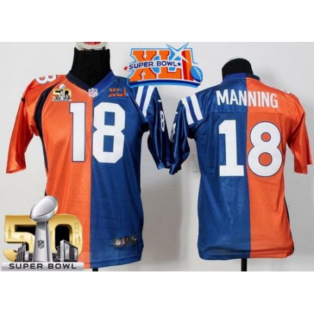 Nike Broncos #18 Peyton Manning Orange/Blue Super Bowl XLI & Super Bowl 50 Youth Stitched NFL Elite Split Colts Jersey