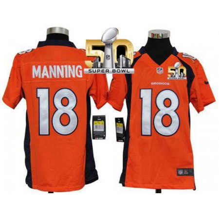 Nike Broncos #18 Peyton Manning Orange Team Color Super Bowl 50 Youth Stitched NFL Elite Jersey