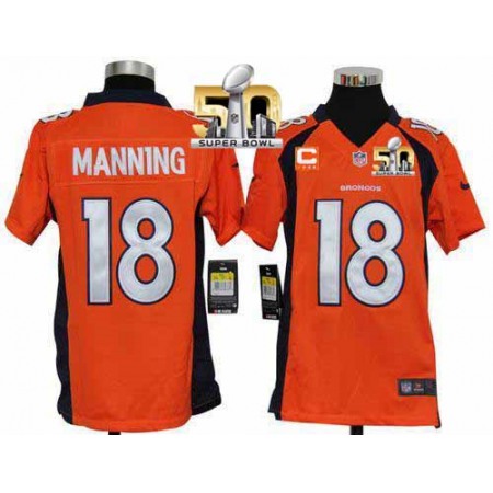Nike Broncos #18 Peyton Manning Orange Team Color With C Patch Super Bowl 50 Youth Stitched NFL Elite Jersey