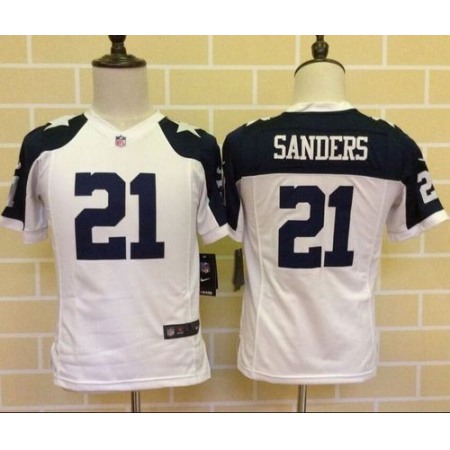 Nike Cowboys #21 Deion Sanders White Thanksgiving Youth Throwback Stitched NFL Elite Jersey