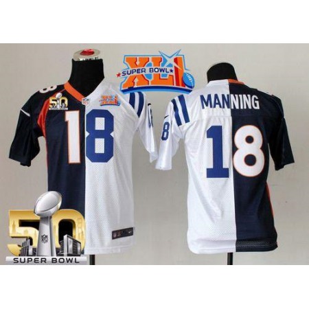 Nike Colts #18 Peyton Manning Blue/White Super Bowl XLI & Super Bowl 50 Youth Stitched NFL Elite Split Broncos Jersey