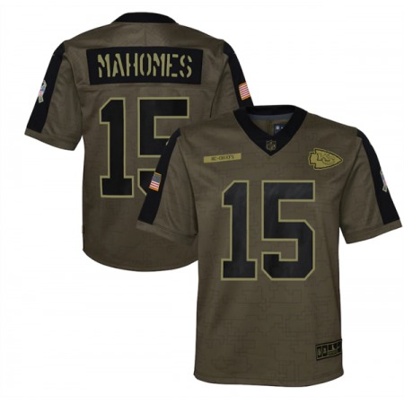 Youth Kansas City Chiefs #15 Patrick Mahomes 2021 Olive Salute To Service Limited Stitched Jersey