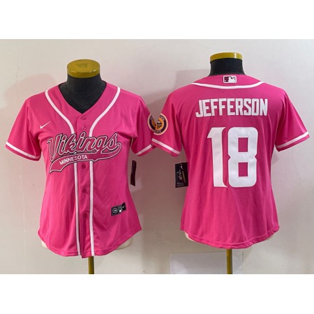 Youth Minnesota Vikings #18 Justin Jefferson Pink With Patch Cool Base Stitched Baseball Jersey