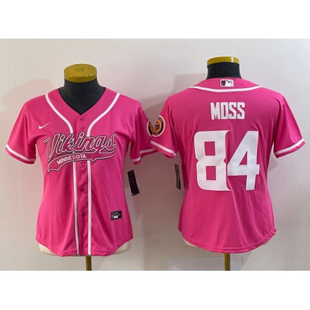 Youth Minnesota Vikings #84 Randy Moss Pink With Patch Cool Base Stitched Baseball Jersey