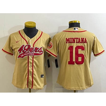 Youth San Francisco 49ers #16 Joe Montana Gold With Patch Cool Base Stitched Baseball Jersey