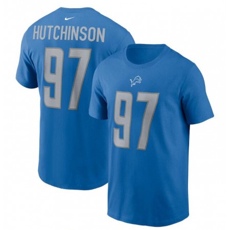 Men's Detroit Lions #97 Aidan Hutchinson 2022 Blue NFL Draft First Round Pick Player Name & Number T-Shirt