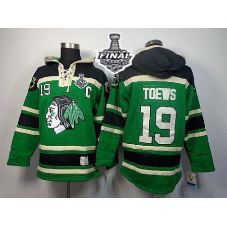 Blackhawks #19 Jonathan Toews Green St. Patrick's Day McNary Lace Hoodie 2015 Stanley Cup Stitched NHL Jersey