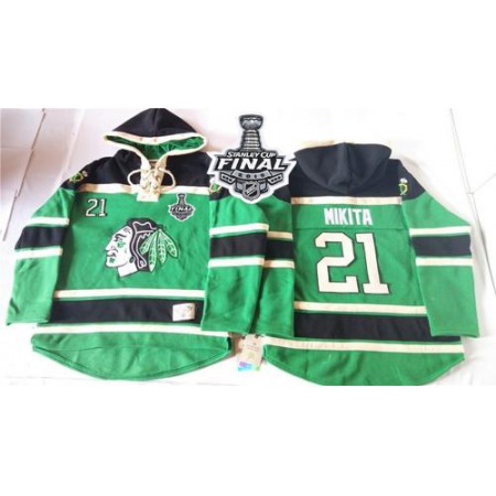 Blackhawks #21 Stan Mikita Green St. Patrick's Day McNary Lace Hoodie 2015 Stanley Cup Stitched NHL Jersey