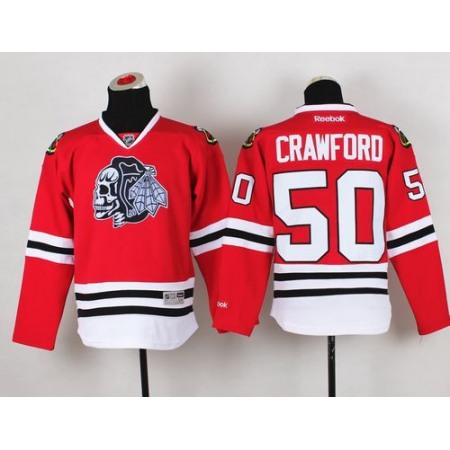 Blackhawks #50 Corey Crawford Red(White Skull) Stitched Youth NHL Jersey