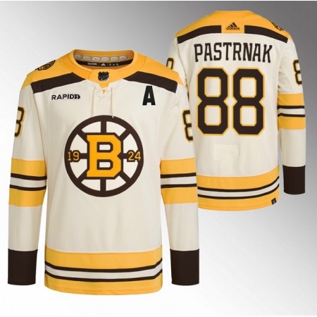 Men's Boston Bruins #88 David Pastrnak Cream With Rapid7 Patch 100th Anniversary Stitched Jersey