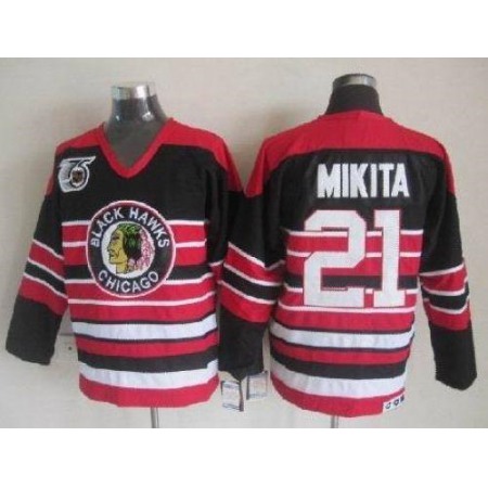 Blackhawks #21 Stan Mikita Red/Black 75TH CCM Stitched NHL Jersey