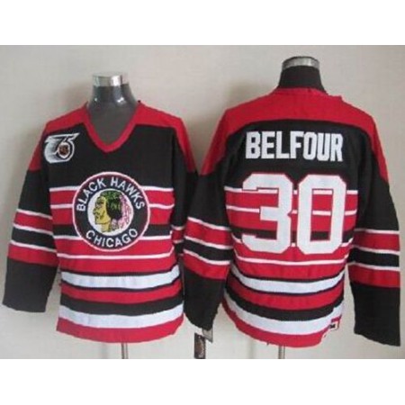 Blackhawks #30 ED Belfour Red/Black 75TH CCM Stitched NHL Jersey