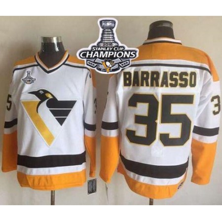 Penguins #35 Tom Barrasso White/Yellow CCM Throwback 2016 Stanley Cup Champions Stitched NHL Jersey