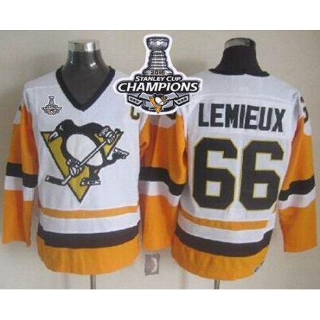 Penguins #66 Mario Lemieux White/Black CCM Throwback 2016 Stanley Cup Champions Stitched NHL Jersey