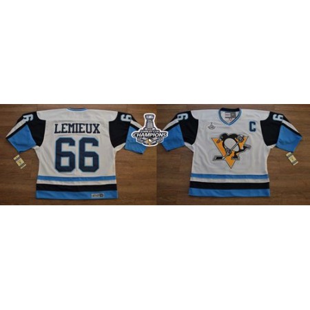 Penguins #66 Mario Lemieux White/Blue CCM Throwback 2016 Stanley Cup Champions Stitched NHL Jersey