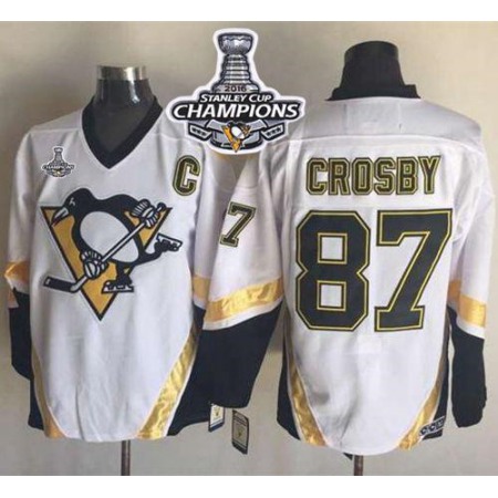 Penguins #87 Sidney Crosby White CCM Throwback 2016 Stanley Cup Champions Stitched NHL Jersey