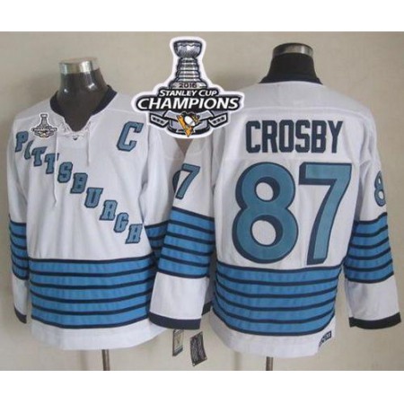 Penguins #87 Sidney Crosby White/Light Blue CCM Throwback 2016 Stanley Cup Champions Stitched NHL Jersey