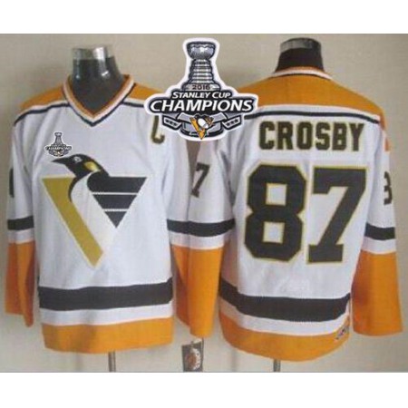 Penguins #87 Sidney Crosby White/Yellow CCM Throwback 2016 Stanley Cup Champions Stitched NHL Jersey