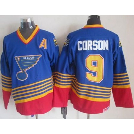 Blues #9 Shayne Corson Light Blue/Red CCM Throwback Stitched NHL Jersey