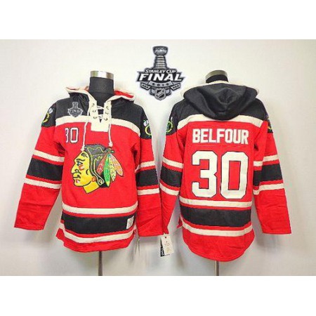 Blackhawks #30 ED Belfour Red Sawyer Hooded Sweatshirt 2015 Stanley Cup Stitched NHL Jersey