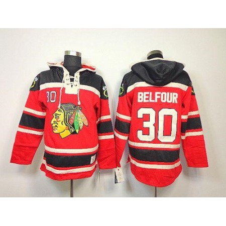 Blackhawks #30 ED Belfour Red Sawyer Hooded Sweatshirt Stitched NHL Jersey