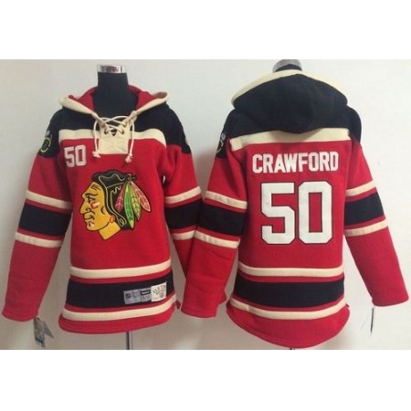 Blackhawks #50 Corey Crawford Red Sawyer Hooded Sweatshirt Stitched Youth NHL Jersey