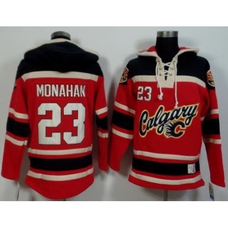 Flames #23 Sean Monahan Red/Black Sawyer Hooded Sweatshirt Stitched NHL Jersey