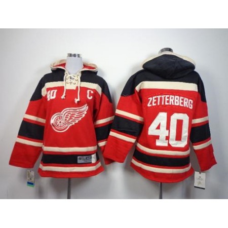 Red Wings #40 Henrik Zetterberg Red Sawyer Hooded Sweatshirt Stitched Youth NHL Jersey