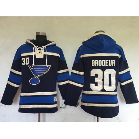 Blues #30 Martin Brodeur Navy Blue Sawyer Hooded Sweatshirt Stitched NHL Jersey