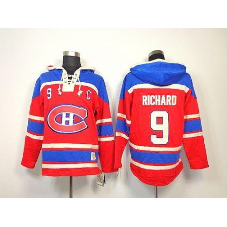 Canadiens #9 Maurice Richard Red Sawyer Hooded Sweatshirt Stitched NHL Jersey