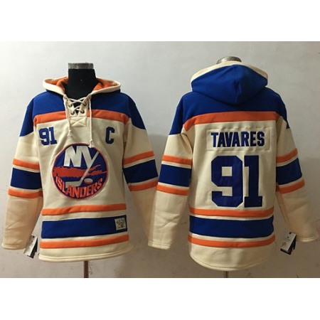 Islanders #91 John Tavares Cream Sawyer Hooded Sweatshirt Stitched NHL Jersey