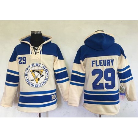 Penguins #29 Andre Fleury Cream Sawyer Hooded Sweatshirt Stitched NHL Jersey