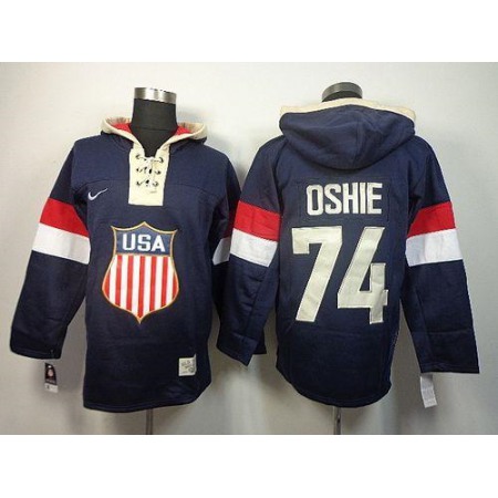 Team USA Olympics #74 T. J. Oshie Navy Blue Sawyer Hooded Sweatshirt Stitched NHL Jersey