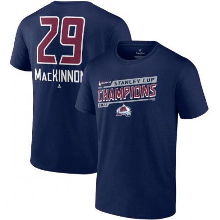 Men's Colorado Avalanche #29 Nathan MacKinnon Navy 2022 Stanley Cup Champions Banner Name & Number T-Shirt