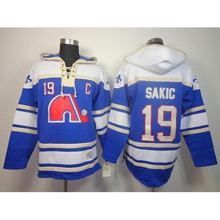 Nordiques #19 Joe Sakic Light Blue Sawyer Hooded Sweatshirt Stitched NHL Jersey