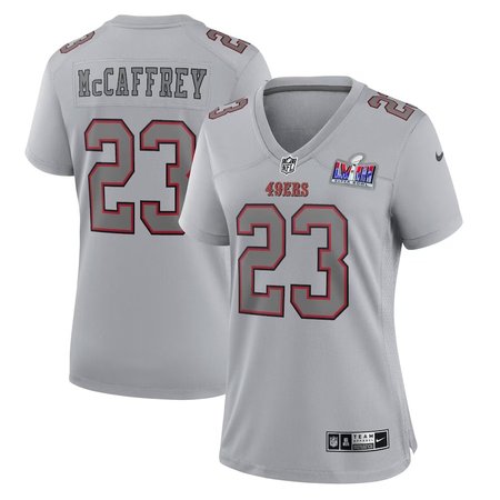 Women's San Francisco 49ers #23 Christian McCaffrey Nike Gray Super Bowl LVIII Atmosphere Fashion Game Jersey